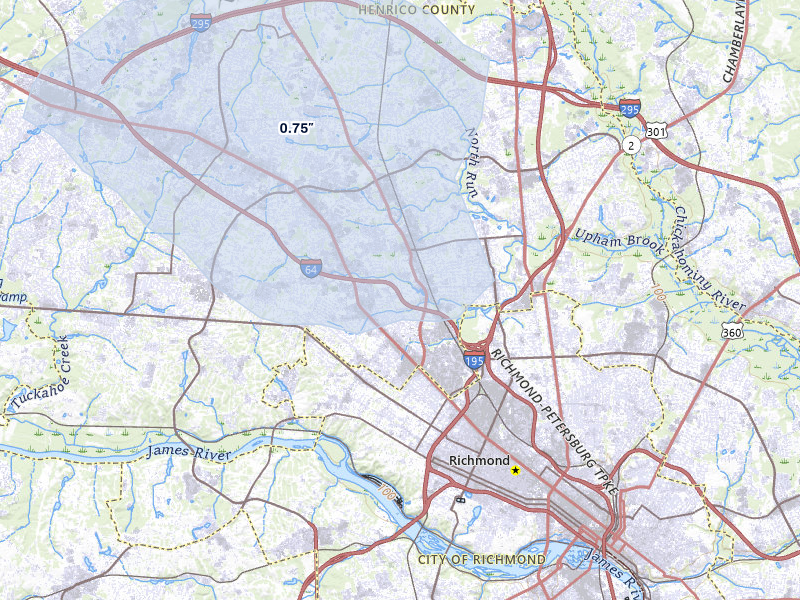 NEXRAD radar-signature map of the hail over Richmond, VA