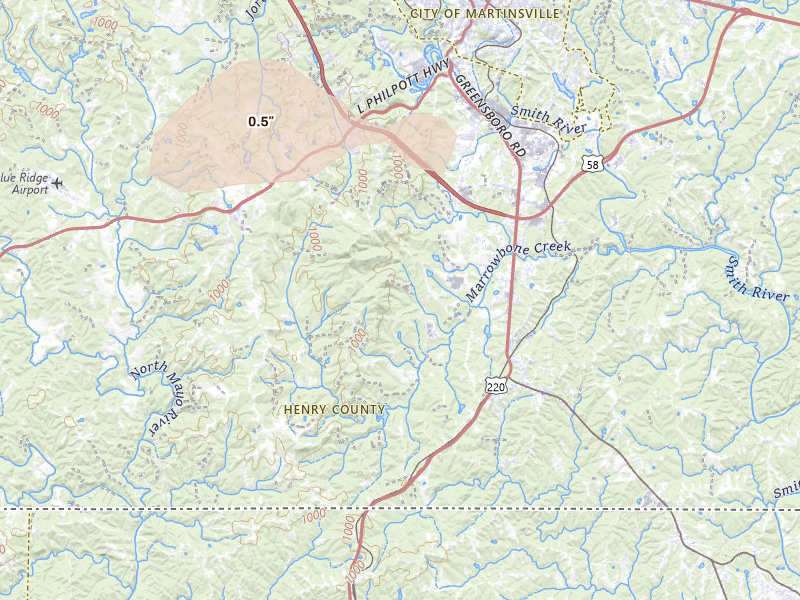 Radar-estimated hail-size map of the storm over Ridgeway, VA on Aug 14, 2026