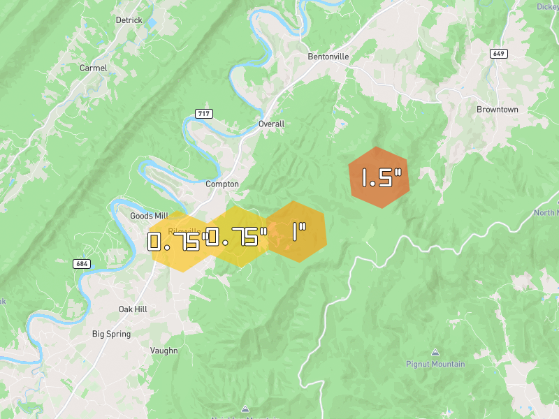 Hail map of Rileyville, VA on Jul 4, 2026, hail up to 1.5"