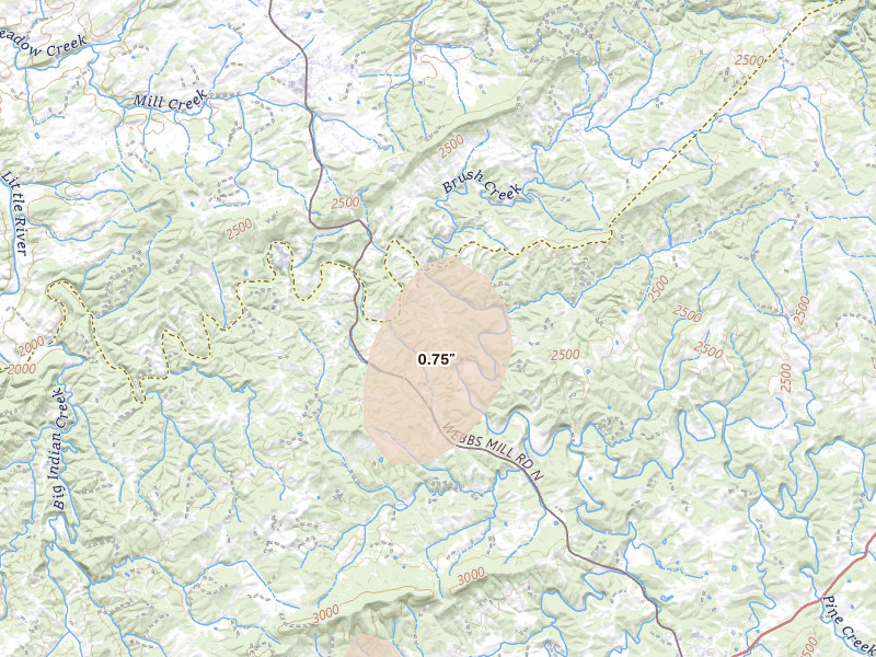 Radar-estimated hail-size map of the storm over Riner, VA on Jul 5, 2026