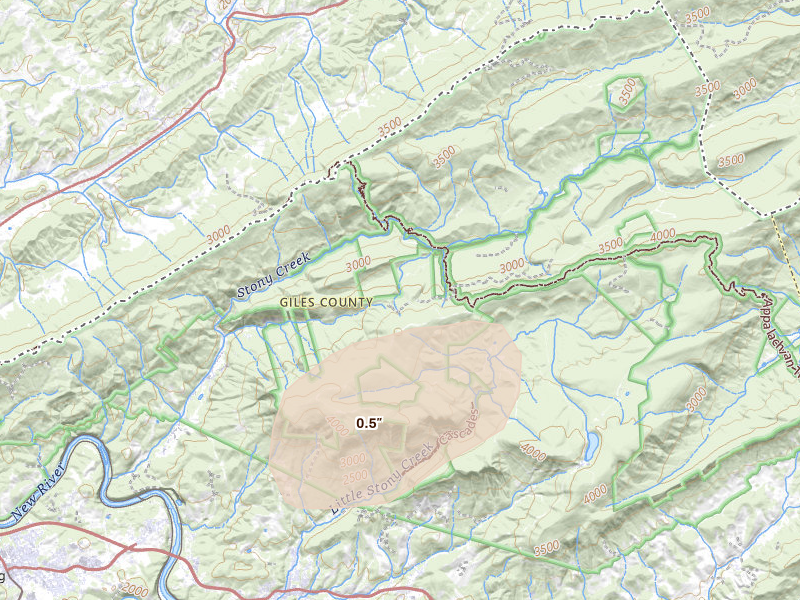 Radar-estimated hail-size map of the storm over Ripplemead, VA on Jul 8, 2026