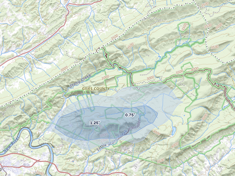 NEXRAD radar-signature map of the hail storm over Ripplemead, VA on Jul 8, 2026