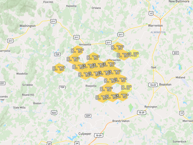 Hail map of Rixeyville, VA on Jul 28, 2026, hail up to 0.75"