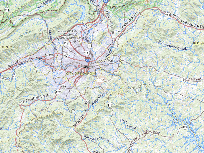 Radar-estimated hail-size map of the storm over Roanoke, VA on Jun 22, 2026
