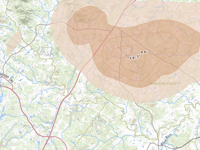 Radar-estimated hail-size map of the storm over Rochelle, VA on Jul 4, 2026
