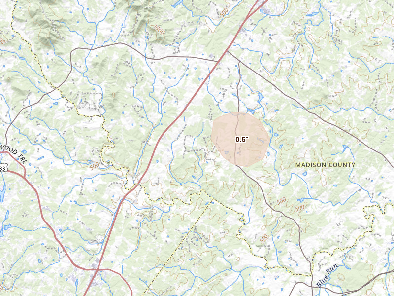 Radar-estimated hail-size map of the storm over Rochelle, VA on Jul 18, 2026
