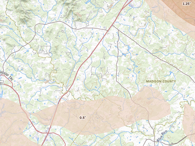 Radar-estimated hail-size map of the storm over Rochelle, VA
