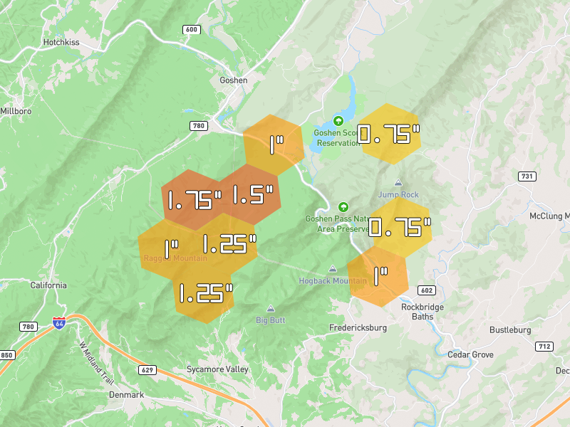 Hail map of Rockbridge Baths, VA on Jul 4, 2026, hail up to 1.75"