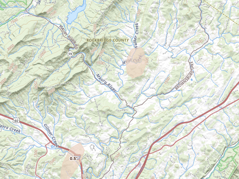 Radar-estimated hail-size map of the storm over Rockbridge Baths, VA on Jul 5, 2026