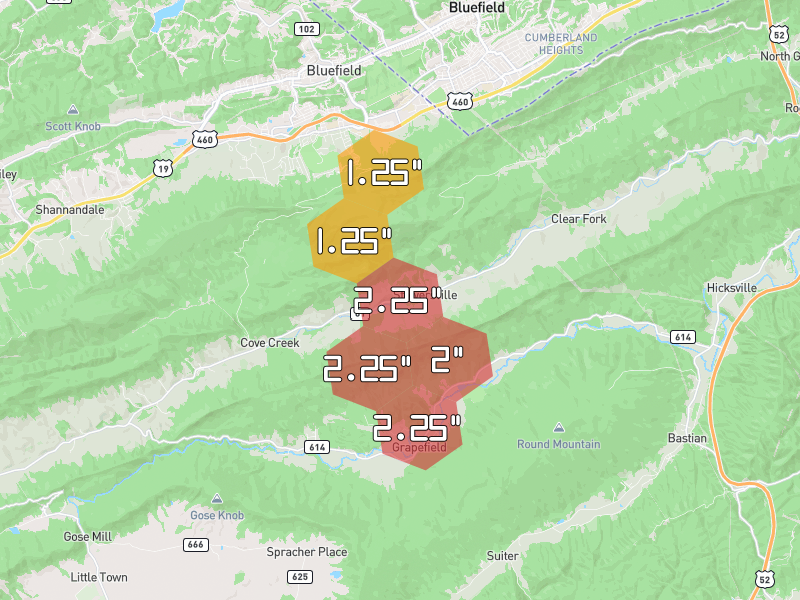 Hail map of Rocky Gap, VA on Jul 4, 2026, hail up to 2.25"