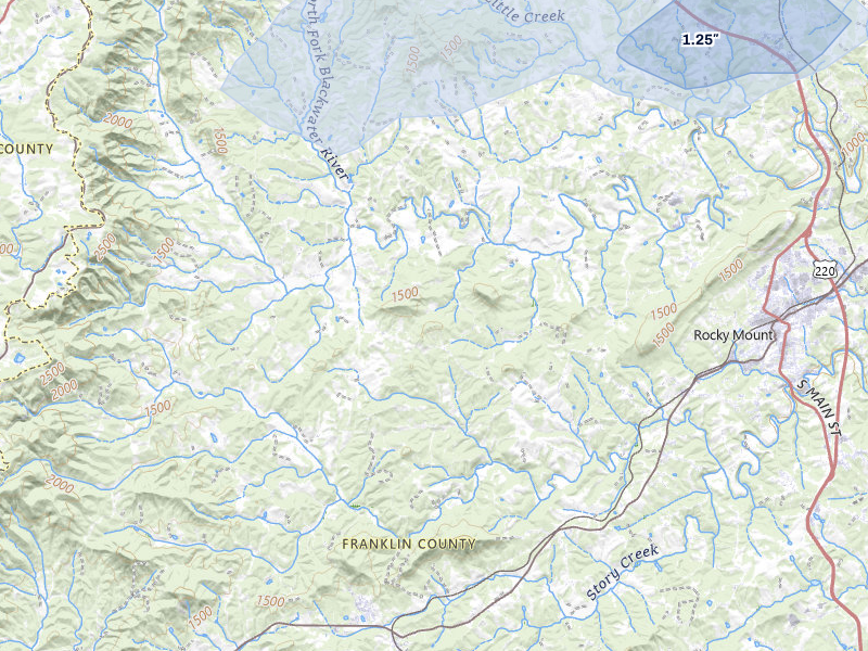 NEXRAD radar-signature map of the hail over Rocky Mount, VA