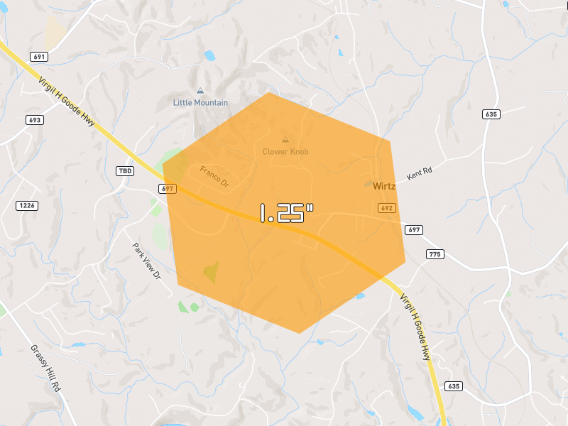 Hail map of Rocky Mount, VA on Jul 21, 2026, hail up to 1.25"