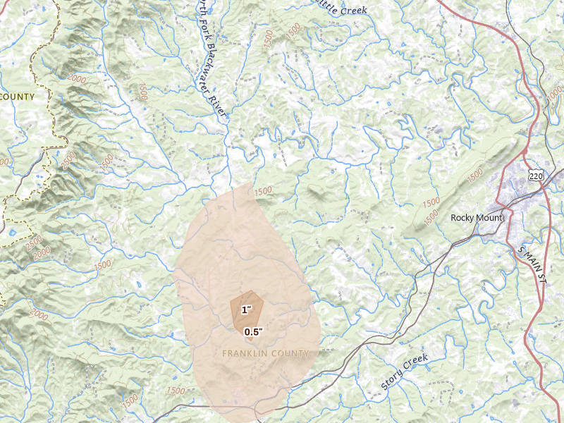 Radar-estimated hail-size map of the storm over Rocky Mount, VA