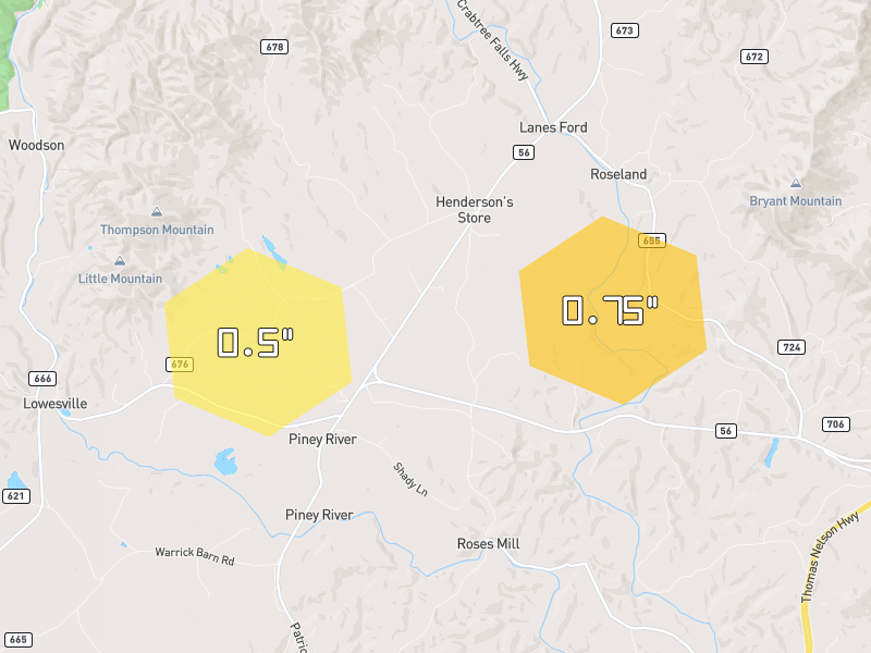 Hail map of Roseland, VA on Jul 21, 2026, hail up to 0.75"