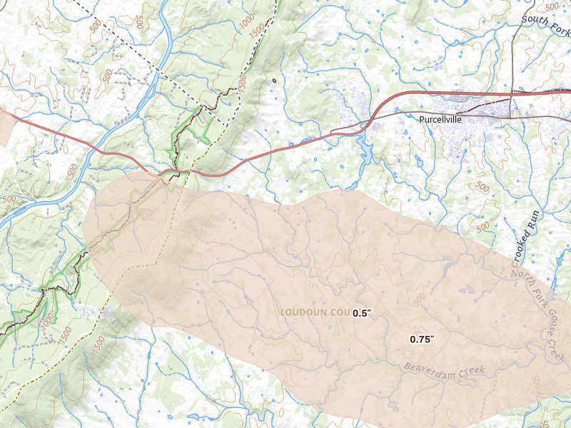 Radar-estimated hail-size map of the storm over Round Hill, VA on Sep 3, 2026