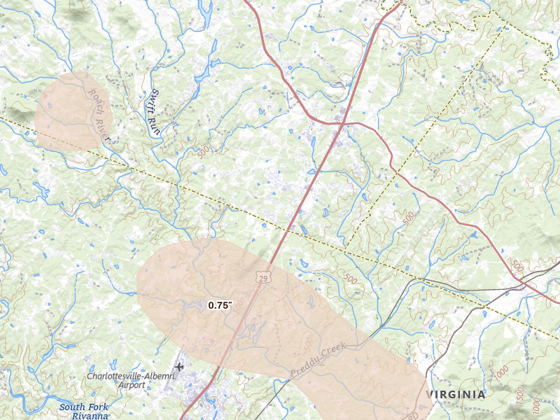 Radar-estimated hail-size map of the storm over Ruckersville, VA on Jul 6, 2026