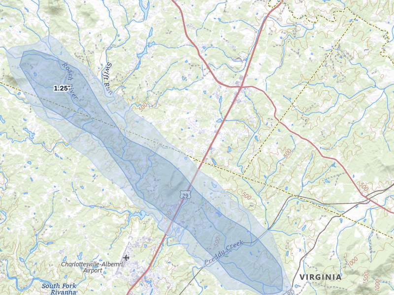 NEXRAD radar-signature map of the hail over Ruckersville, VA