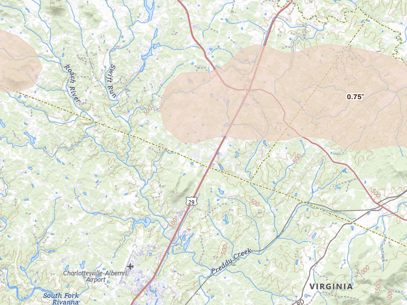 Radar-estimated hail-size map of the storm over Ruckersville, VA on Aug 22, 2026