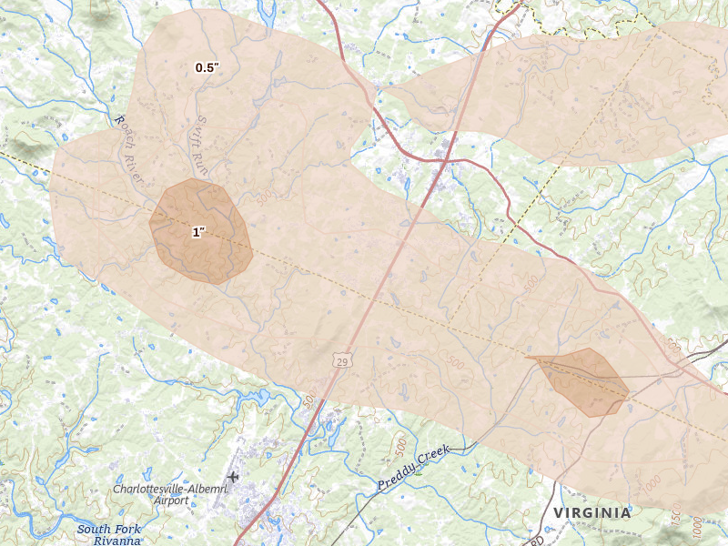 Radar-estimated hail-size map of the storm over Ruckersville, VA
