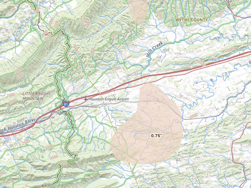 Radar-estimated hail-size map of the storm over Rural Retreat, VA on Jul 4, 2026