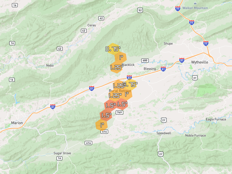 Hail map of Rural Retreat, VA on Jul 4, 2026, hail up to 1.5"