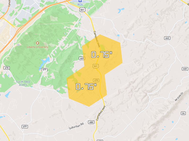 Hail map of Rustburg, VA on Jul 4, 2026, hail up to 0.75"