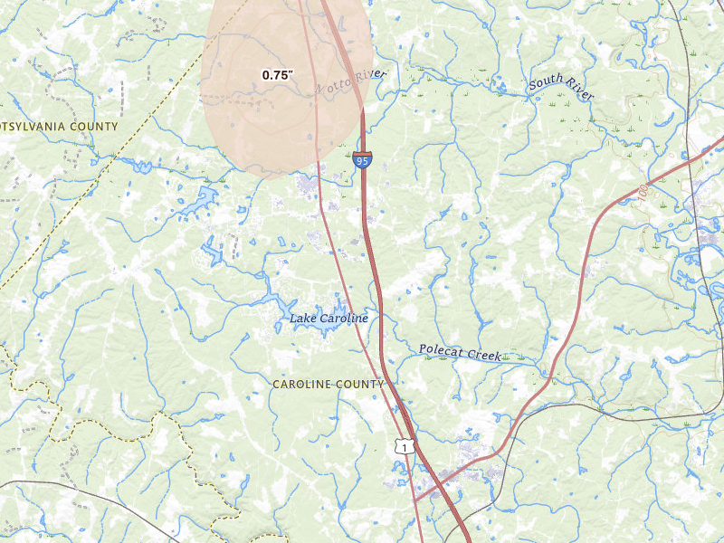 Radar-estimated hail-size map of the storm over Ruther Glen, VA on Jul 4, 2026