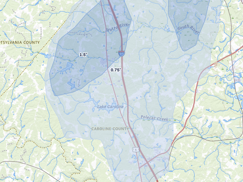 NEXRAD radar-signature map of the hail over Ruther Glen, VA
