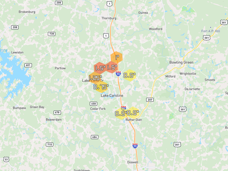 Hail map of Ruther Glen, VA on Jul 4, 2026, hail up to 1.5"