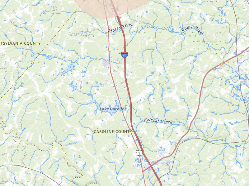 Radar-estimated hail-size map of the storm over Ruther Glen, VA on Jul 5, 2026
