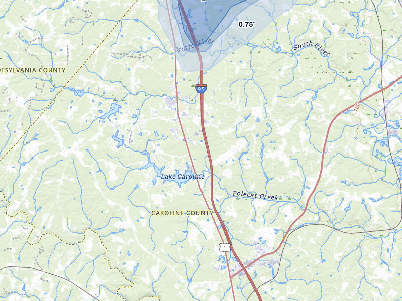 NEXRAD radar-signature map of the hail storm over Ruther Glen, VA on Jul 5, 2026