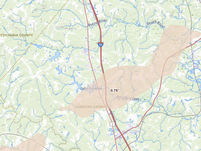 Radar-estimated hail-size map of the storm over Ruther Glen, VA on Jul 21, 2026