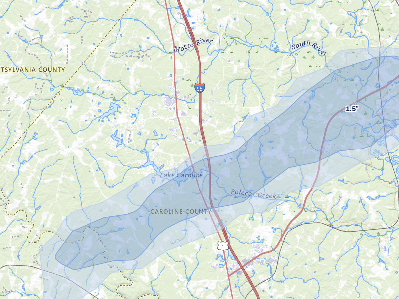 NEXRAD radar-signature map of the hail over Ruther Glen, VA