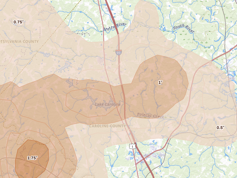 Radar-estimated hail-size map of the storm over Ruther Glen, VA on Jul 26, 2026