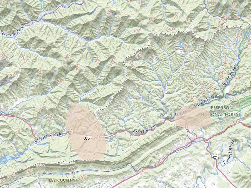 Radar-estimated hail-size map of the storm over Saint Charles, VA on Aug 11, 2026