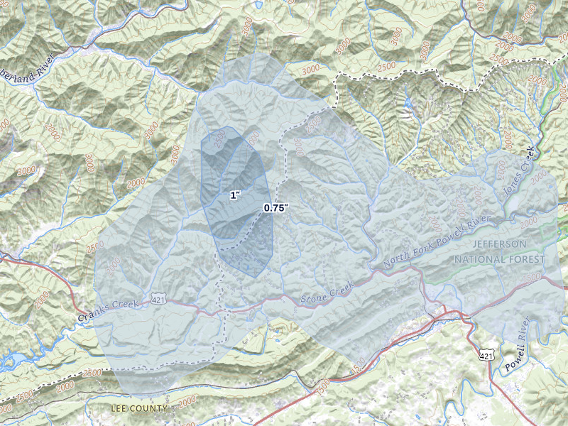 NEXRAD radar-signature map of the hail storm over Saint Charles, VA on Aug 11, 2026