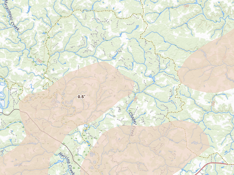 Radar-estimated hail-size map of the storm over Saint Stephens Church, VA on Jul 18, 2026
