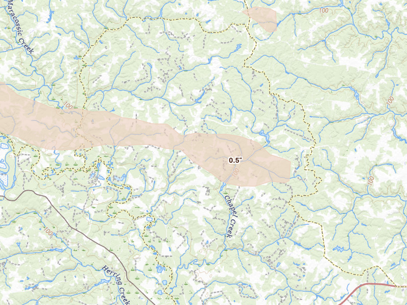 Radar-estimated hail-size map of the storm over Saint Stephens Church, VA on Jul 26, 2026