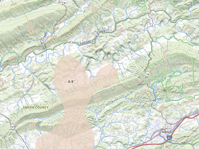 Radar-estimated hail-size map of the storm over Saltville, VA on Jul 4, 2026