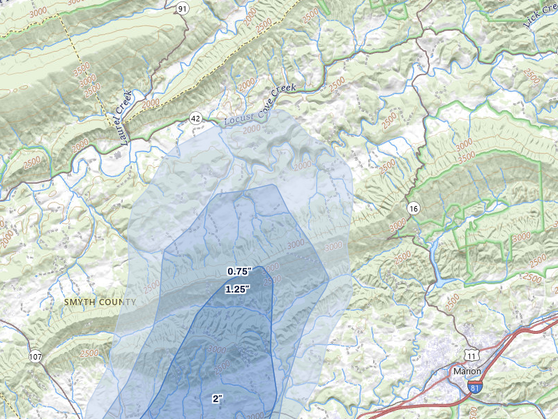 NEXRAD radar-signature map of the hail over Saltville, VA