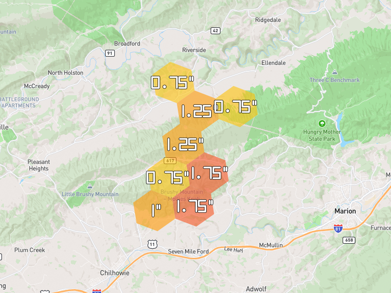 Hail map of Saltville, VA on Jul 4, 2026, hail up to 1.75"