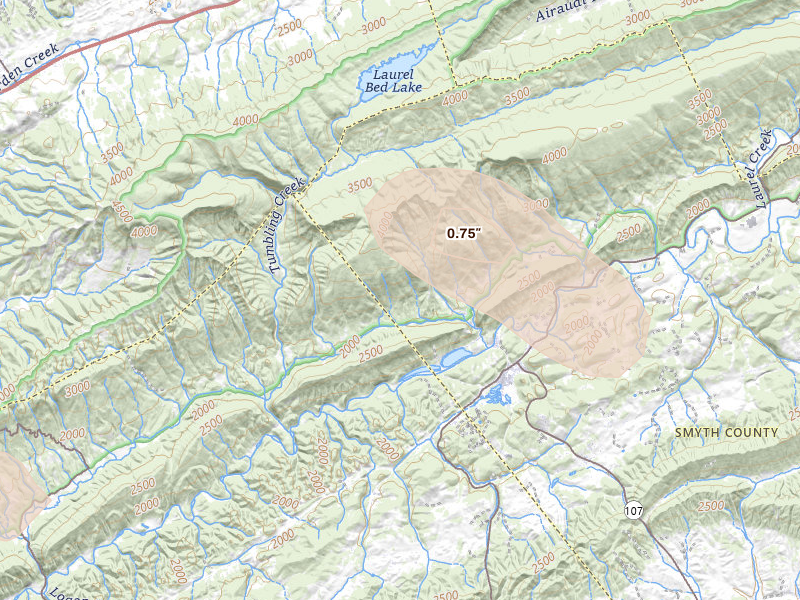 Radar-estimated hail-size map of the storm over Saltville, VA on Aug 11, 2026