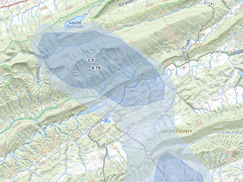 NEXRAD radar-signature map of the hail storm over Saltville, VA on Aug 11, 2026