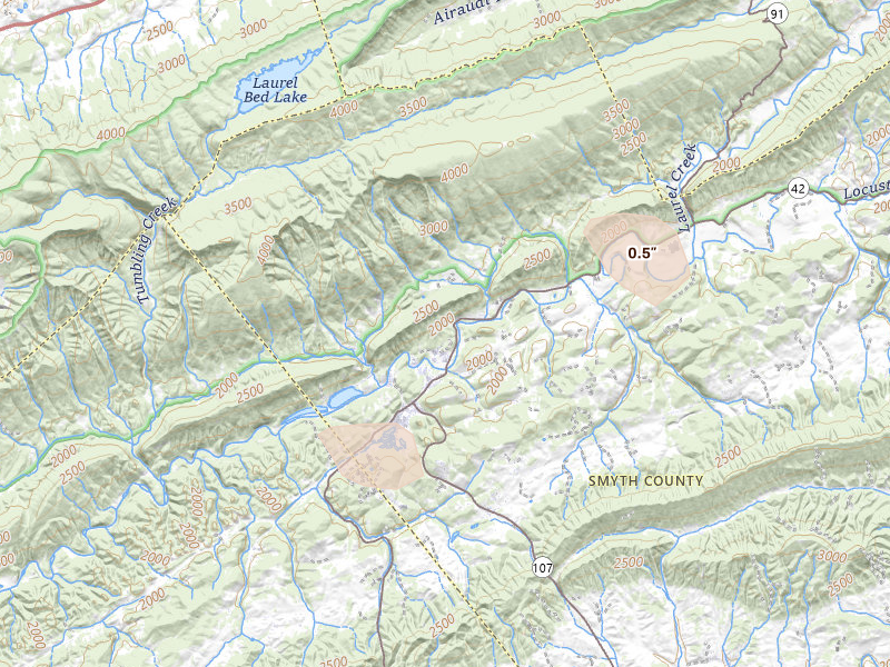 Radar-estimated hail-size map of the storm over Saltville, VA on Sep 4, 2026