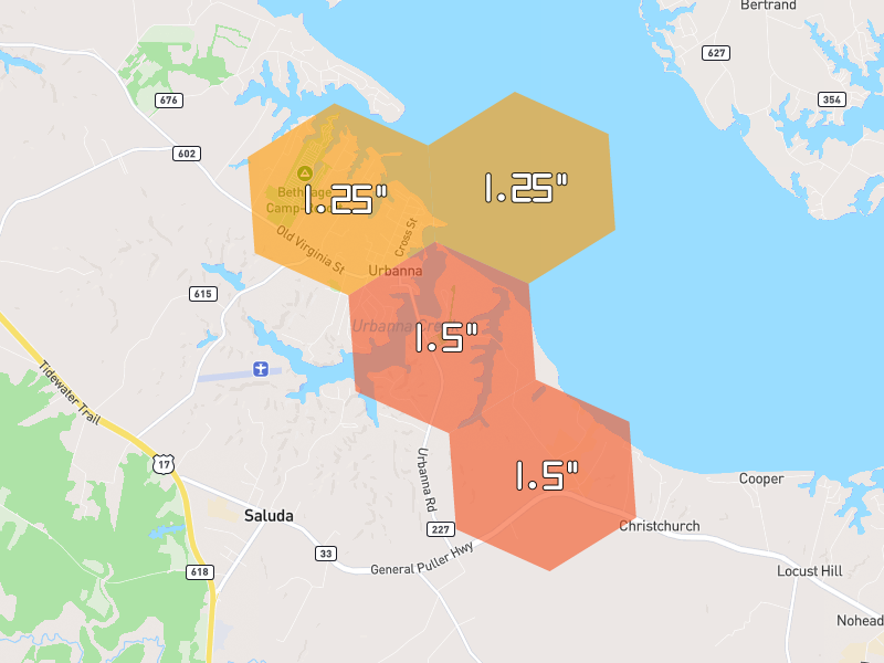 Hail map of Saluda, VA on Jul 6, 2026, hail up to 1.5"