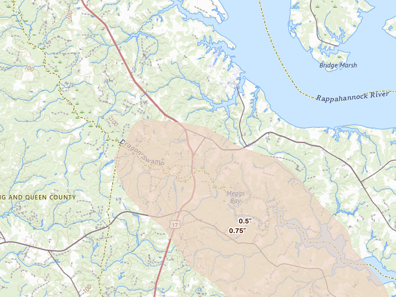 Radar-estimated hail-size map of the storm over Saluda, VA on Jul 28, 2026