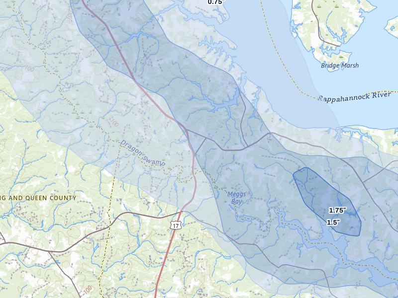 NEXRAD radar-signature map of the hail storm over Saluda, VA on Jul 28, 2026