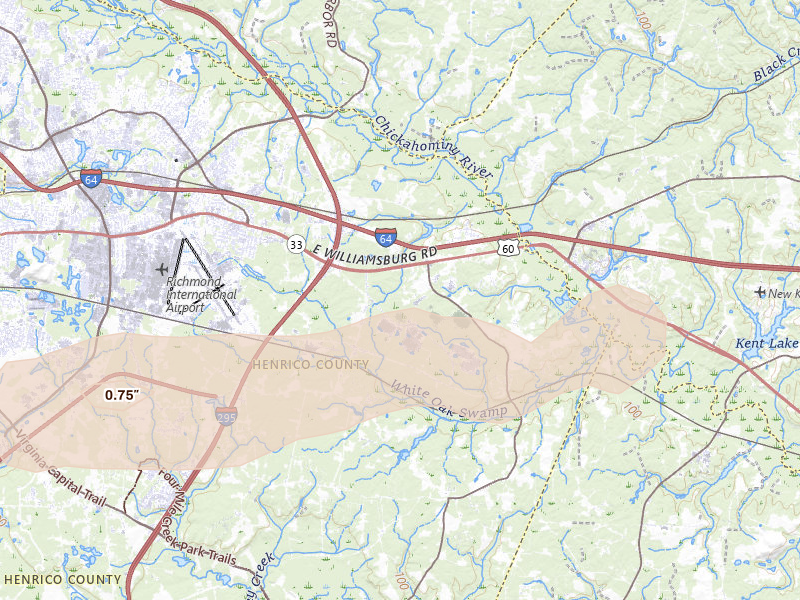Radar-estimated hail-size map of the storm over Sandston, VA on Jun 14, 2026