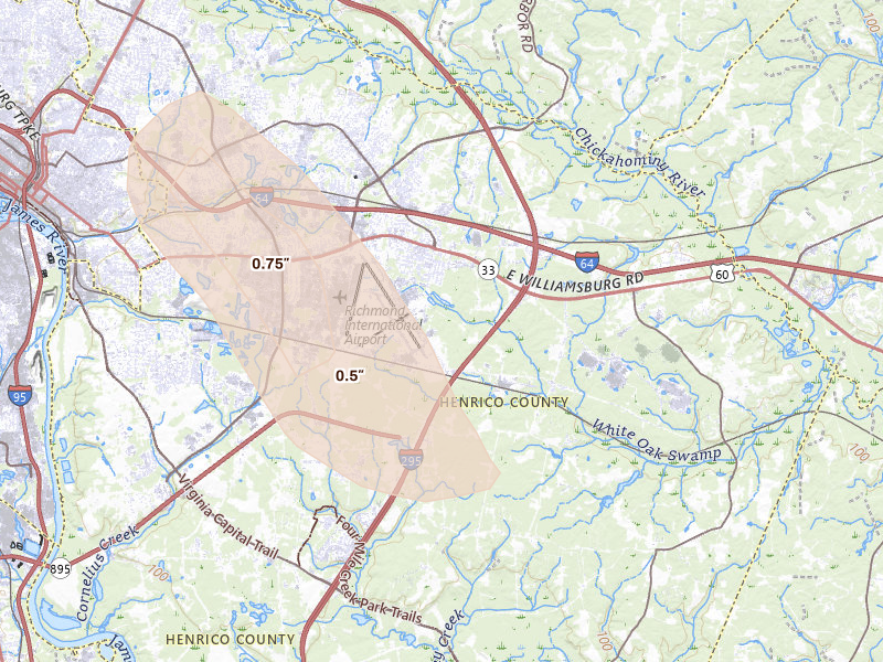 Radar-estimated hail-size map of the storm over Sandston, VA