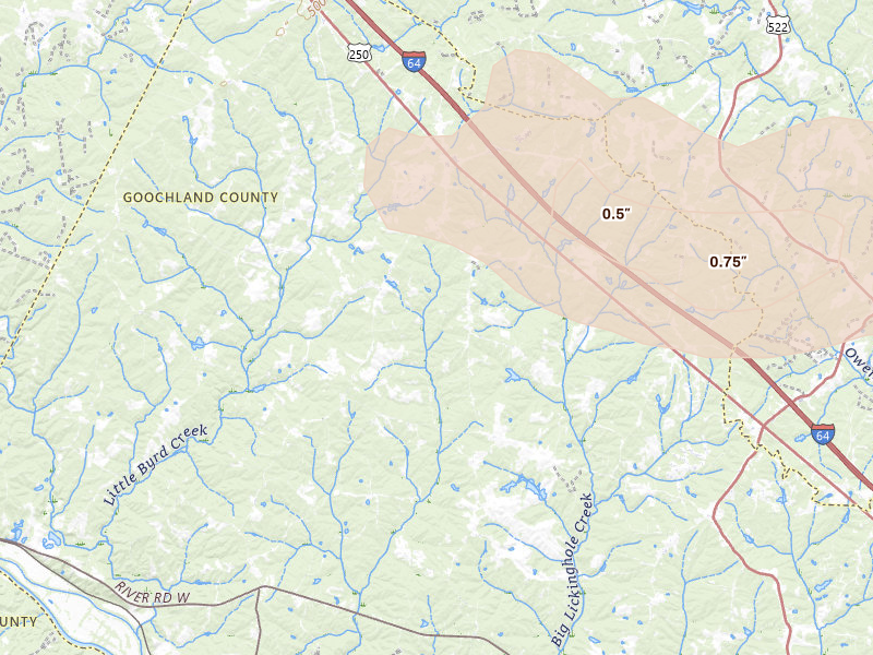 Radar-estimated hail-size map of the storm over Sandy Hook, VA on Jul 5, 2026